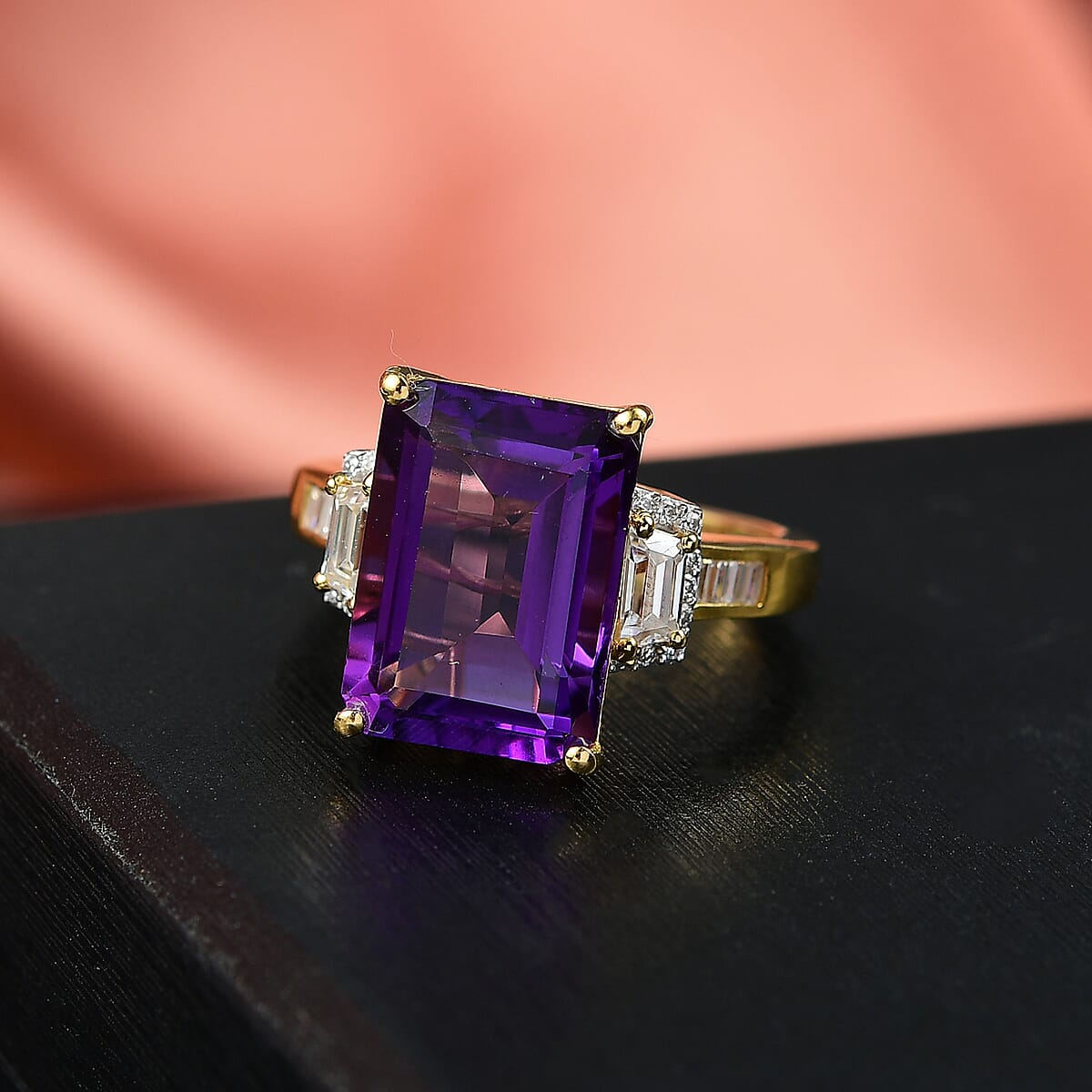 D'Joy AAA Lusaka Amethyst and Moissanite 7.80 ctw Art Deco Ring in 18K Vermeil Yellow Gold Over Sterling Silver (Size 10.0) image number 1