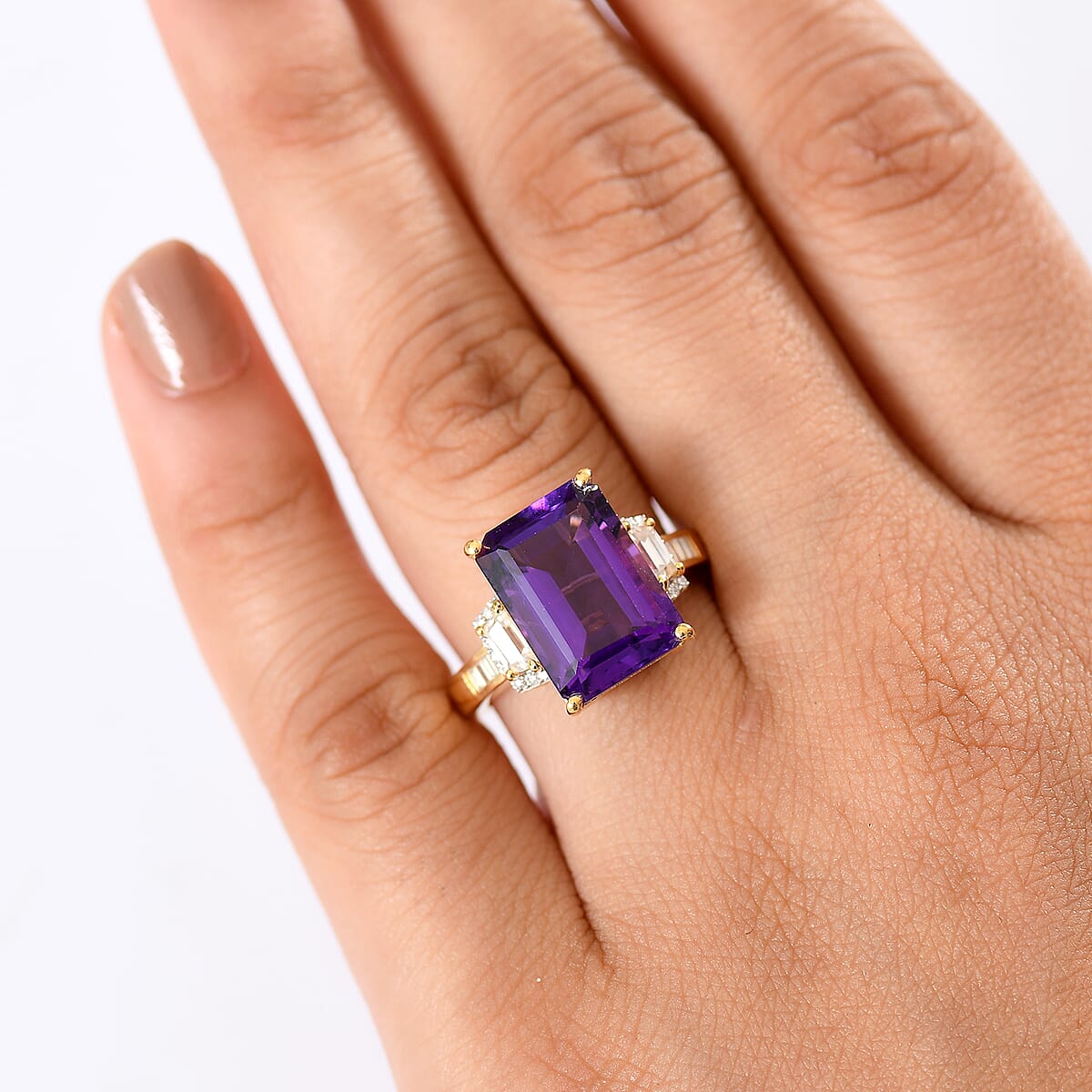 D'Joy AAA Lusaka Amethyst and Moissanite 7.80 ctw Art Deco Ring in 18K Vermeil Yellow Gold Over Sterling Silver (Size 10.0) image number 2