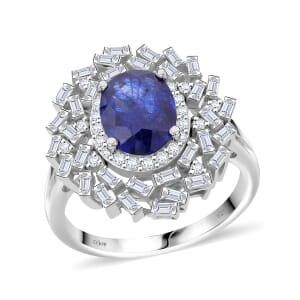 Masoala Sapphire (D) and Moissanite 3.50 ctw Ring in Rhodium Over Sterling Silver (Size 8.0)