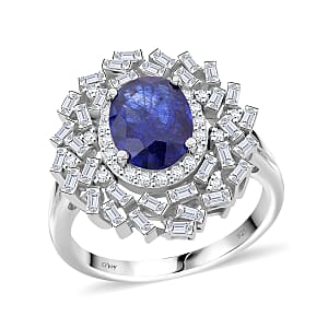 D'Joy Masoala Sapphire (D) and Moissanite 3.50 ctw Ring in Rhodium Over Sterling Silver (Size 9.0)