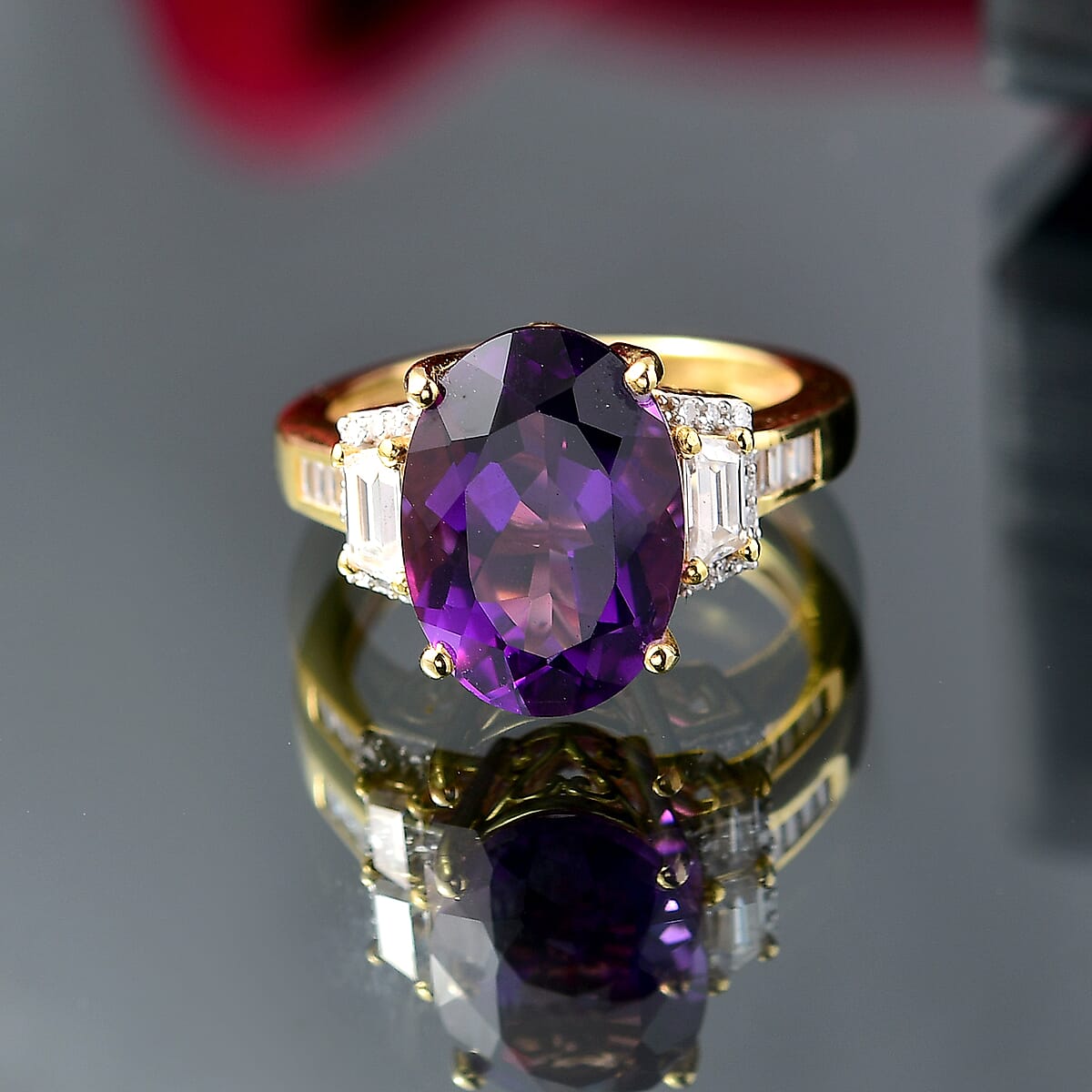 D'Joy AAA Lusaka Amethyst and Moissanite 6.60 ctw Art Deco Ring in 18K Vermeil Yellow Gold Over Sterling Silver (Size 6.0) image number 1