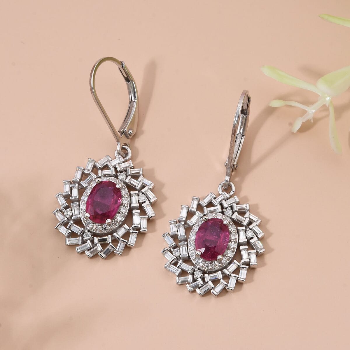 Niassa Ruby (FF) and Moissanite 4.00 ctw Earrings in Rhodium Over Sterling Silver image number 1
