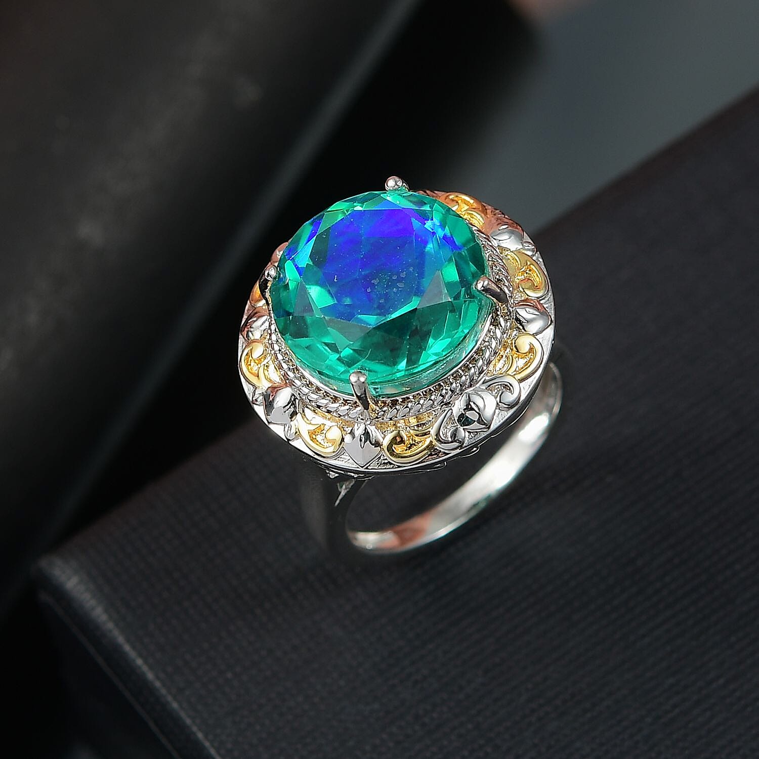 EverTrue Peacock Quartz (Triplet) 11.65 ctw Royal Peacock Crest Two-Tone Ring in 18K YG Plated and Platinum Bond (Size 10.0) 