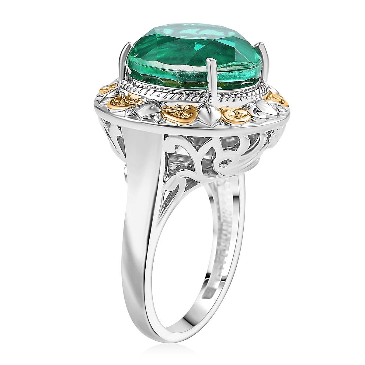 EverTrue Peacock Quartz (Triplet) 11.65 ctw Royal Peacock Crest Two-Tone Ring in 18K YG Plated and Platinum Bond (Size 10.0) 