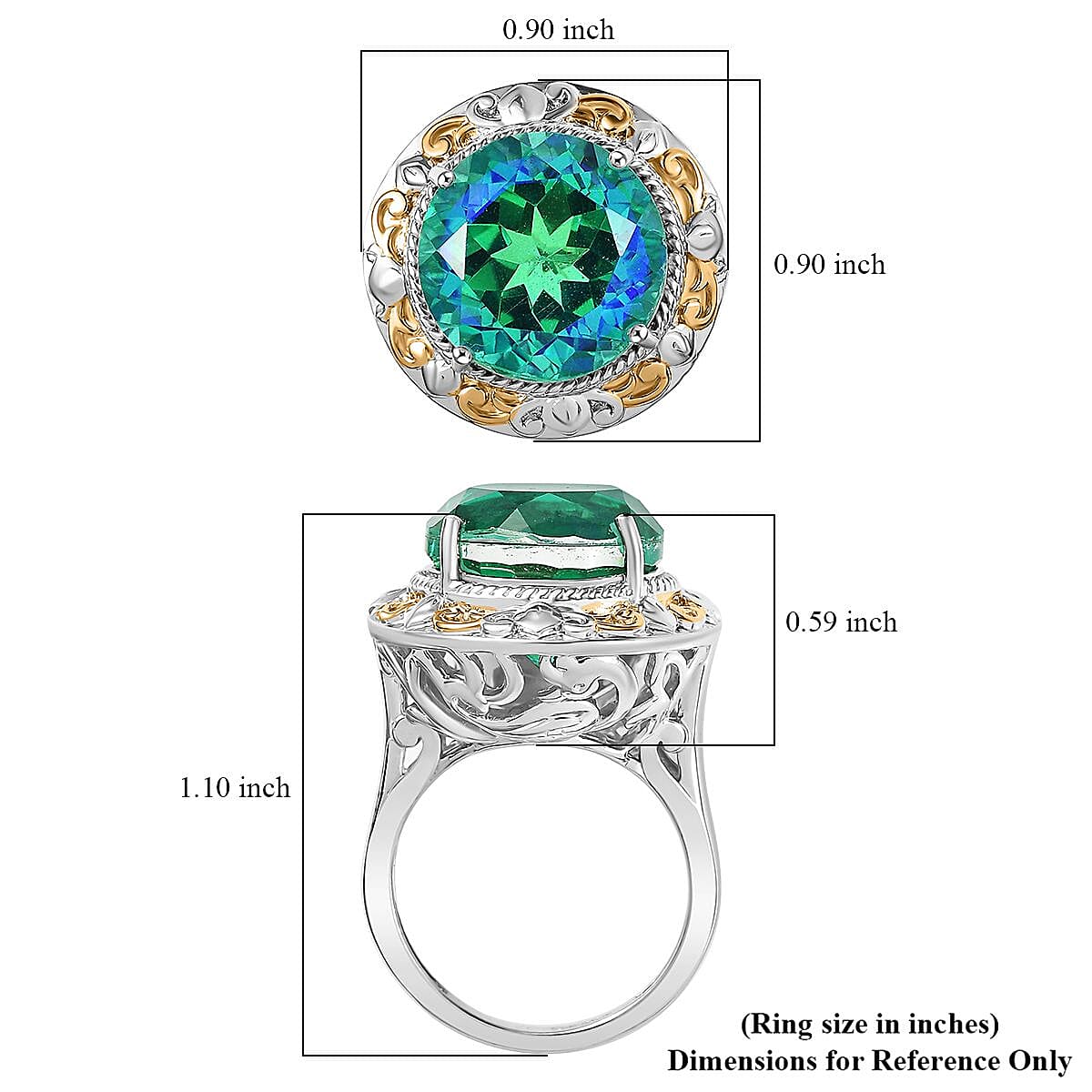 EverTrue Peacock Quartz (Triplet) 11.65 ctw Royal Peacock Crest Two-Tone Ring in 18K YG Plated and Platinum Bond (Size 10.0) 