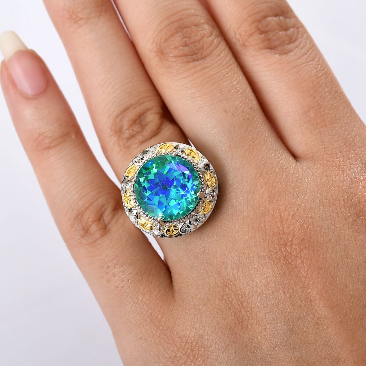 Ever True Peacock Quartz (Triplet) 11.65 ctw Royal Peacock Crest Two-Tone Ring in 18K YG Plated and Platinum Bond (Size 8.0)  image number 2