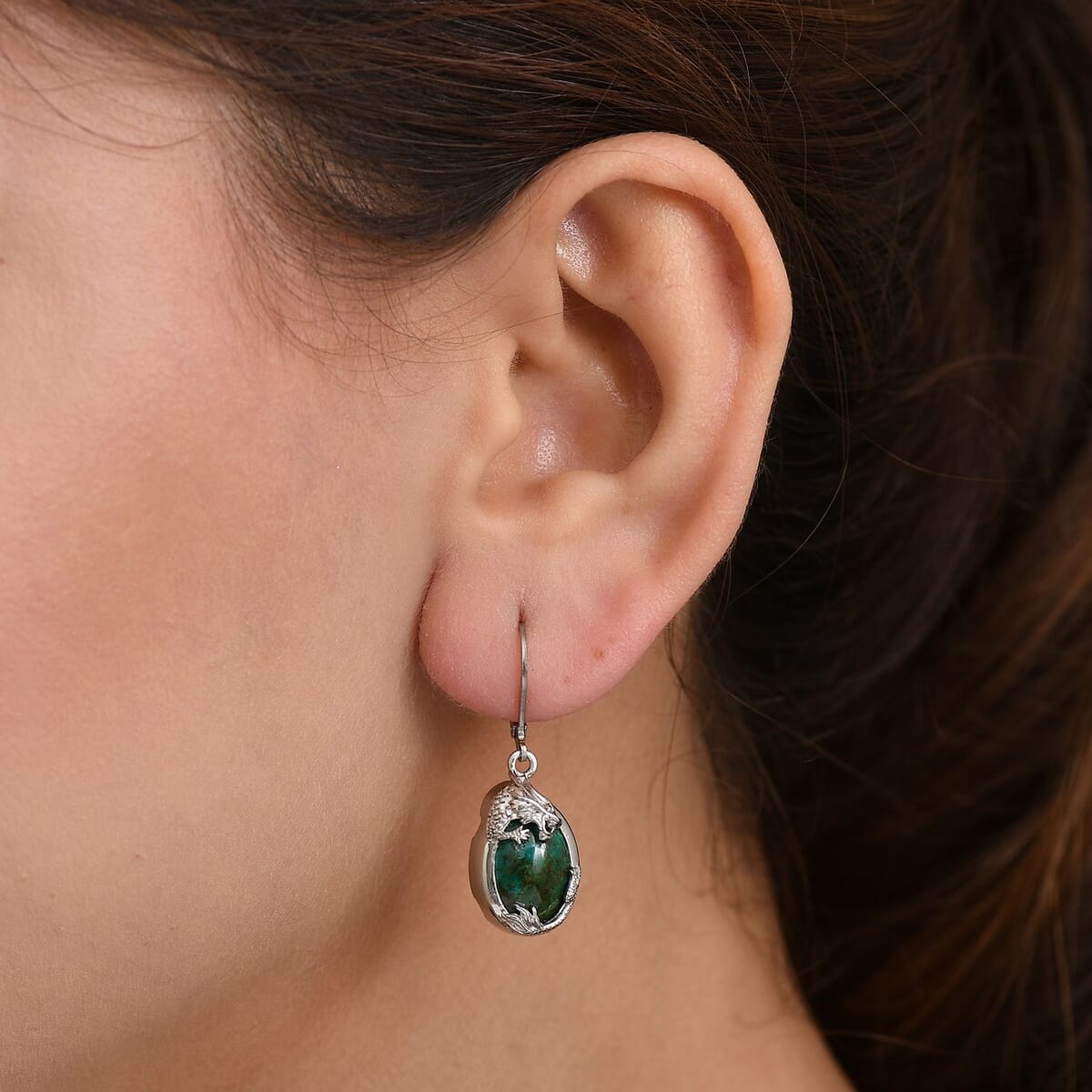 Ever True Chrysocolla 13.40 ctw Dragon's Embrace Earrings in Platinum Bond and Stainless Steel image number 2