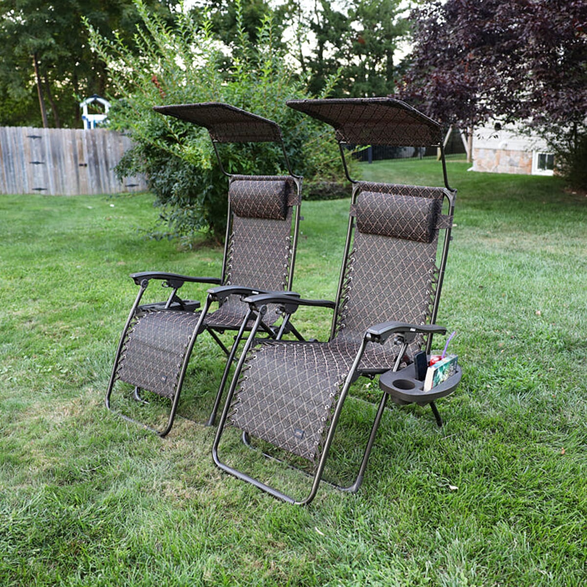 Bliss Set of 2 Gravity Free Reclinable Chairs with Pillow, Canopy & Tray - Brown Leaves image number 1
