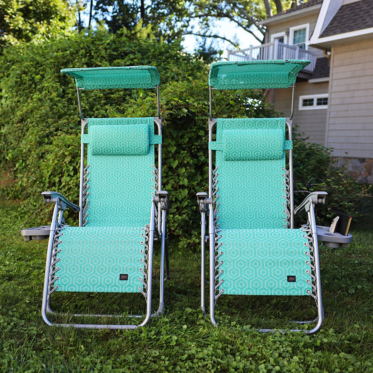 Memorial Day Doorbuster Bliss Set of 2 Gravity Free Reclinable Chairs with Pillow, Canopy & Tray -Teal Geometric image number 1