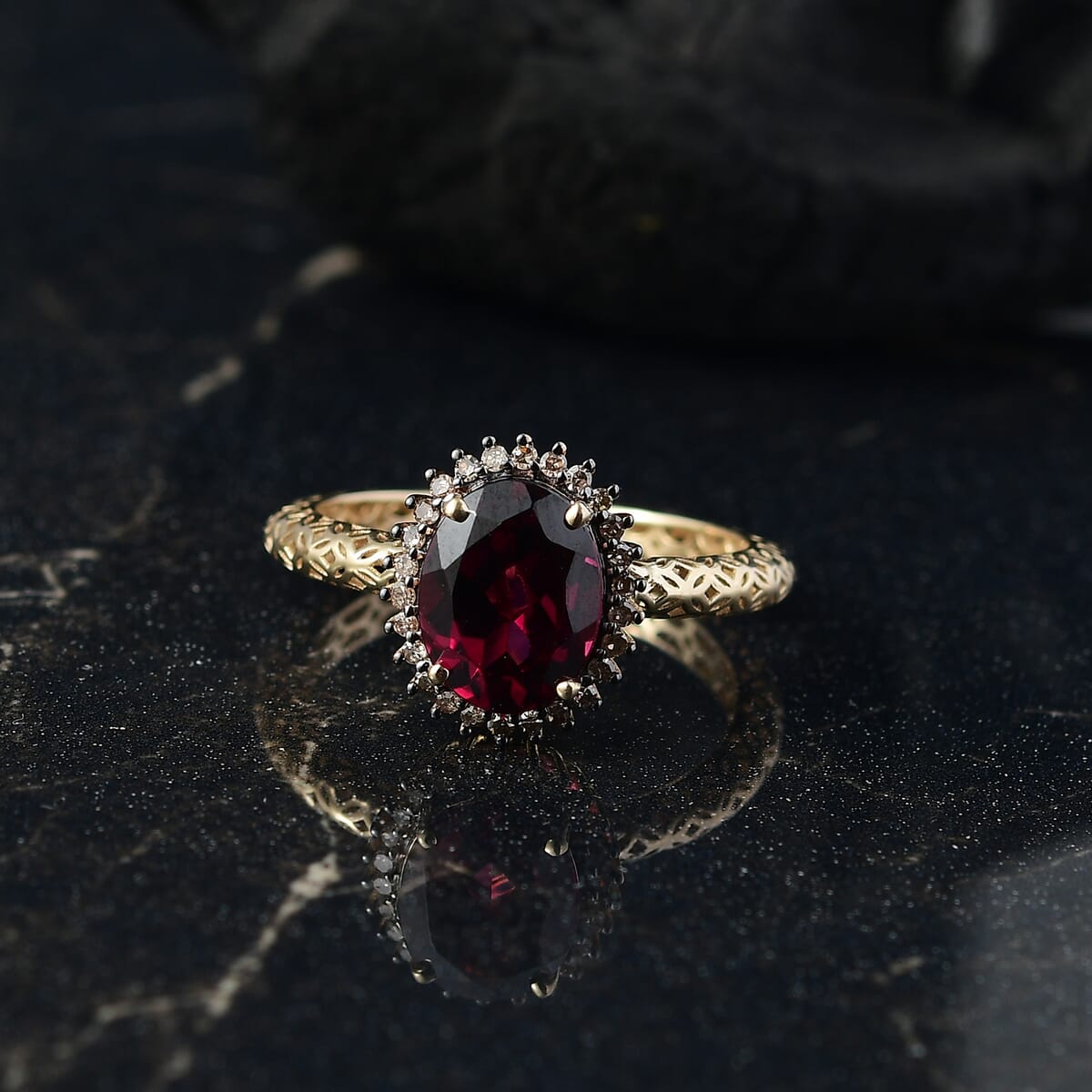 Mirage Collection Premium Tanzanian Wine Garnet and SI2 Natural Champagne Diamond 2.40 ctw Twilight Crown Ring in 10K Yellow Gold (Size 10.0) image number 1