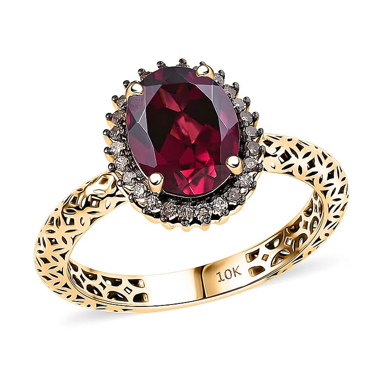 Mirage Collection Premium Tanzanian Wine Garnet and SI2 Natural Champagne Diamond 2.40 ctw Twilight Crown Ring in 10K Yellow Gold (Size 7.0)