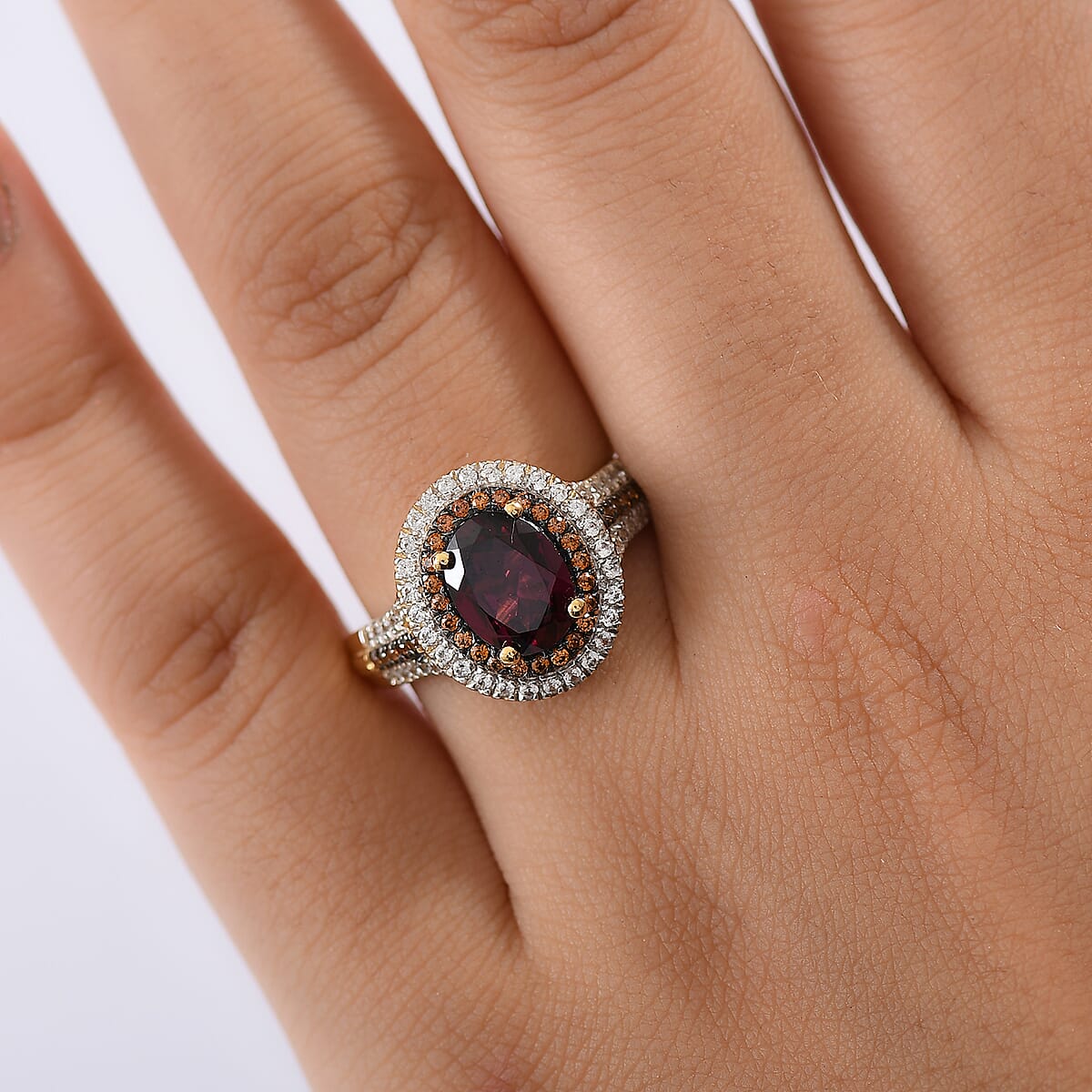 Mirage Collection Premium Tanzanian Wine Garnet and SI2 Natural Champagne Diamond 2.40 ctw Twilight Crown Ring in 10K Yellow Gold (Size 9.0) image number 2