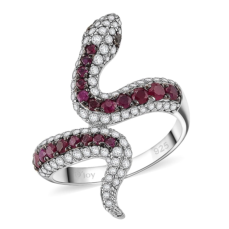 D'Joy Montepuez Ruby and Multi Gemstone 1.90 ctw Serpent Ring in Rhodium Over Sterling Silver (Size 5.0)