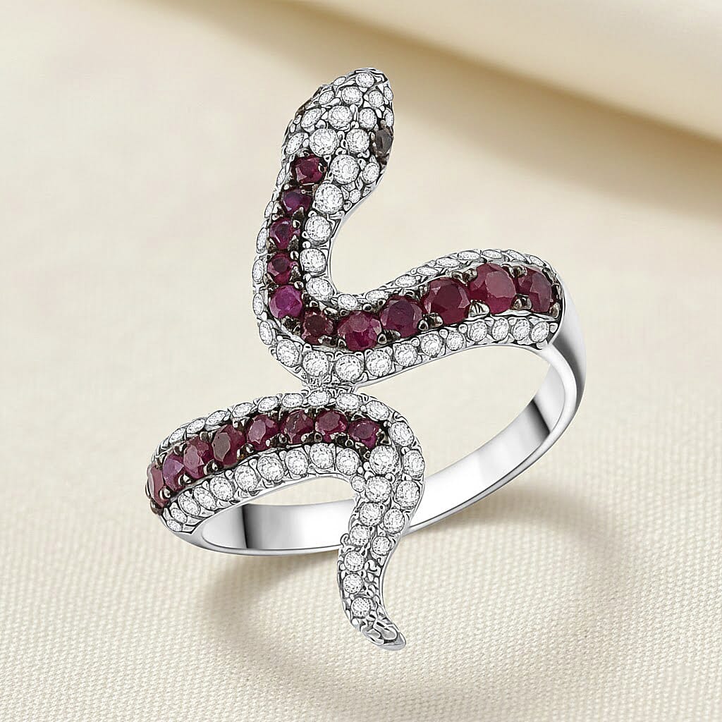 D'Joy Montepuez Ruby, Multi Gemstone Serpent Ring in Rhodium Over Sterling Silver 1.90 ctw (Size 7.0)