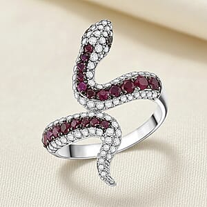 D'Joy Montepuez Ruby and Multi Gemstone 1.90 ctw Serpent Ring in Rhodium Over Sterling Silver (Size 5.0)