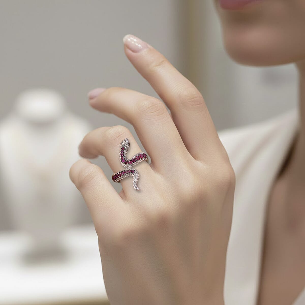 D'Joy Montepuez Ruby and Multi Gemstone 1.90 ctw Serpent Ring in Rhodium Over Sterling Silver (Size 5.0) image number 2