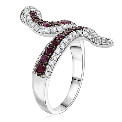 D'Joy Montepuez Ruby and Multi Gemstone 1.90 ctw Serpent Ring in Rhodium Over Sterling Silver (Size 5.0)
