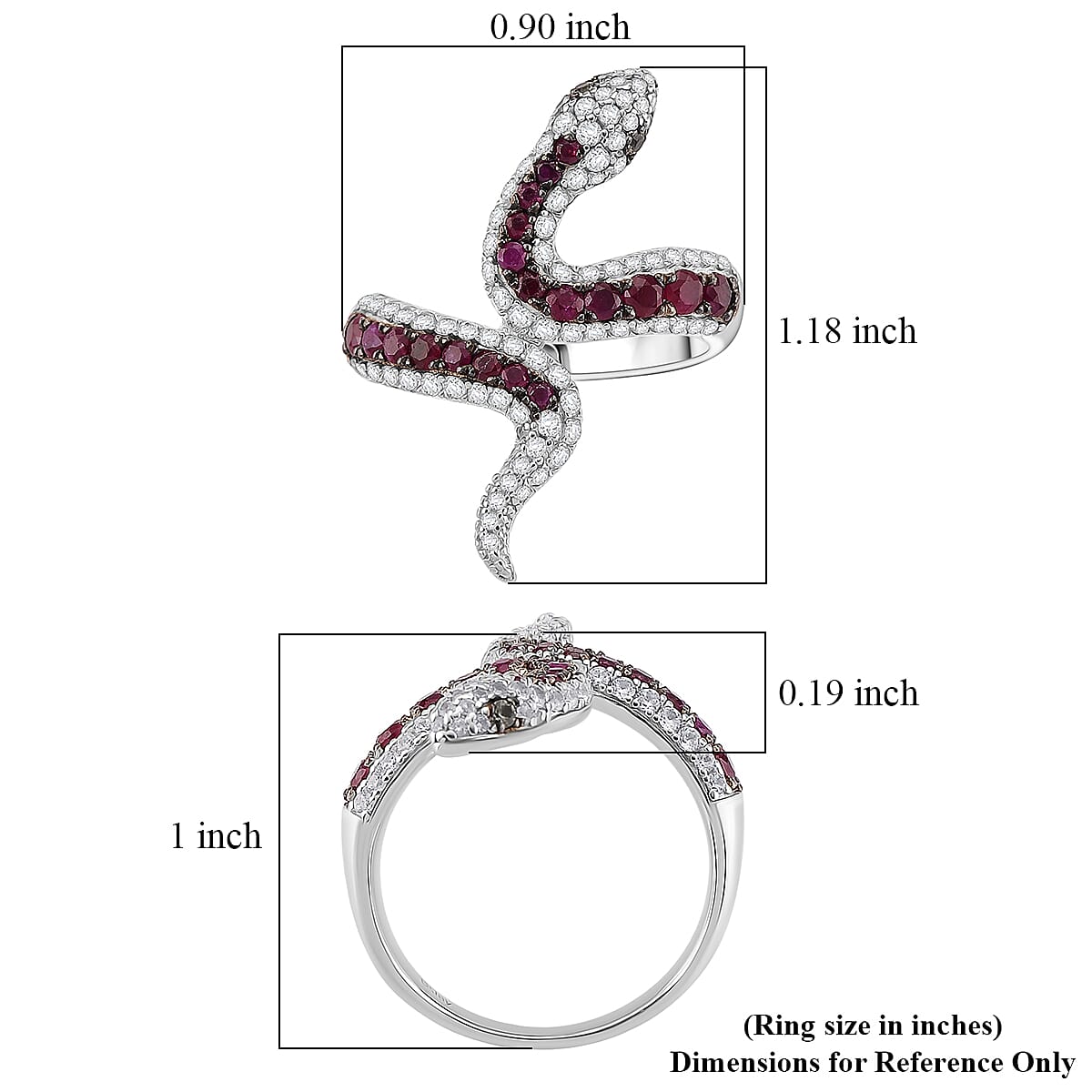 D'Joy Montepuez Ruby and Multi Gemstone 1.90 ctw Serpent Ring in Rhodium Over Sterling Silver (Size 5.0) image number 5