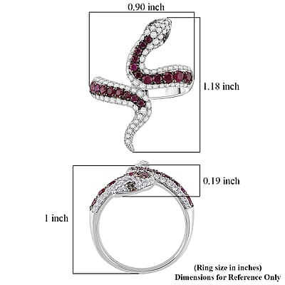 D'Joy Montepuez Ruby and Multi Gemstone 1.90 ctw Serpent Ring in Rhodium Over Sterling Silver (Size 5.0)