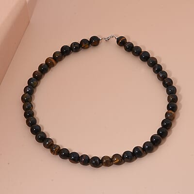 Golden Blue Tigers Eye Beaded 340.85 ctw Necklace 18 Inches in Sterling Silver 