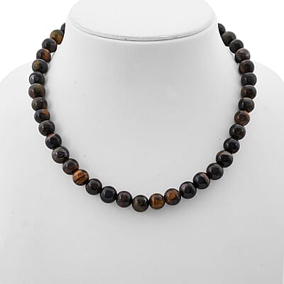 Golden Blue Tigers Eye Beaded 340.85 ctw Necklace 18 Inches in Sterling Silver 