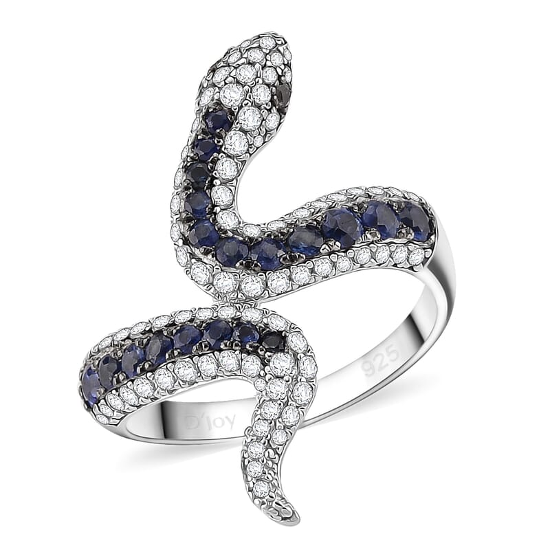 D'Joy Ceylon Blue Sapphire and Multi Gemstone 1.85 ctw Serpent Ring in Rhodium Over Sterling Silver (Size 5.0)