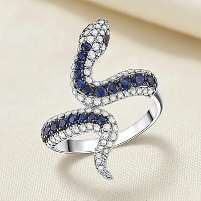 D'Joy Ceylon Blue Sapphire and Multi Gemstone 1.85 ctw Serpent Ring in Rhodium Over Sterling Silver (Size 5.0)