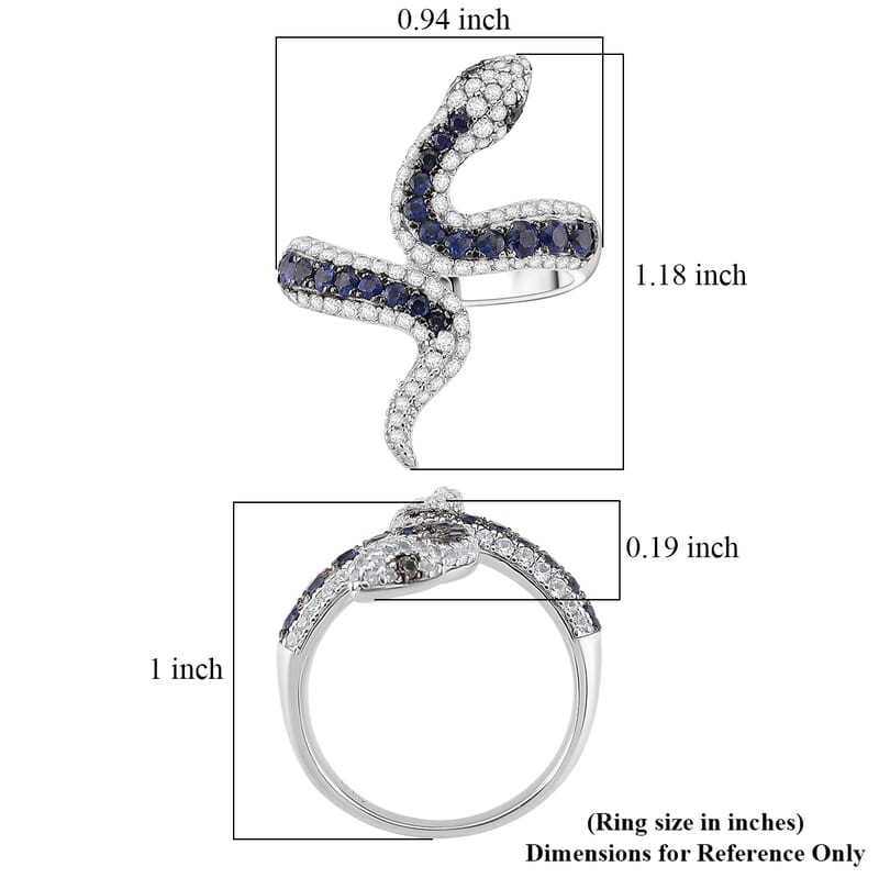 D'Joy Ceylon Blue Sapphire and Multi Gemstone 1.85 ctw Serpent Ring in Rhodium Over Sterling Silver (Size 5.0)