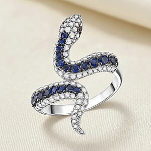 D'Joy Ceylon Blue Sapphire, Multi Gemstone Serpent Ring in Rhodium Over Sterling Silver 1.85 ctw (Size 7.0)
