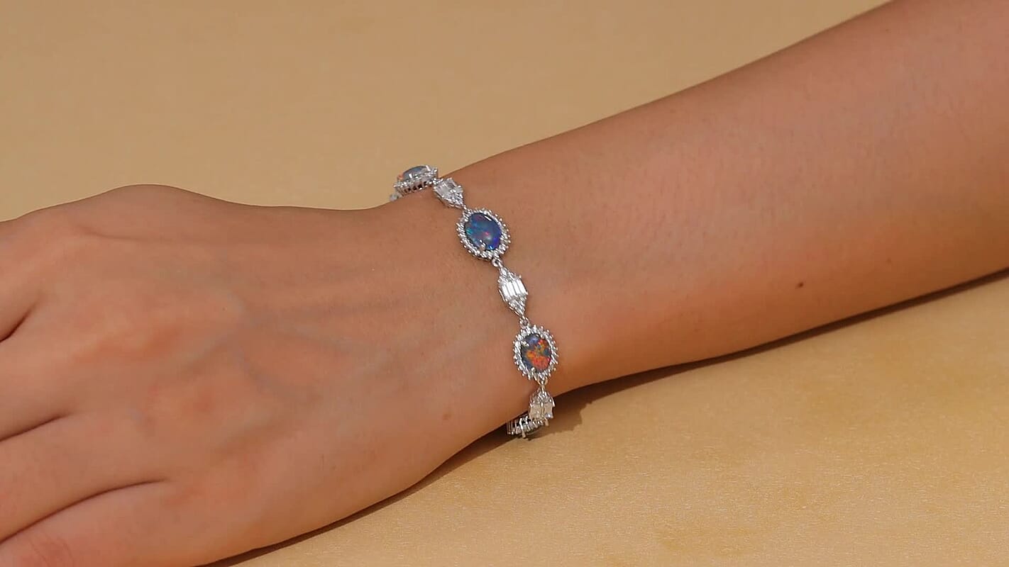 D'Joy Elysian Opal (Triplet) and White Zircon 8.00 ctw City Skylines Bracelet in Rhodium Over Sterling Silver (7.25 In)