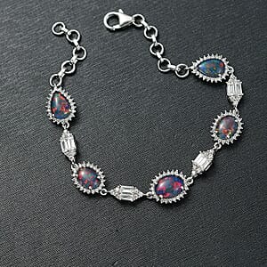 D'Joy Elysian Opal (Triplet) and White Zircon 8.00 ctw City Skylines Bracelet in Rhodium Over Sterling Silver (7.25 In)