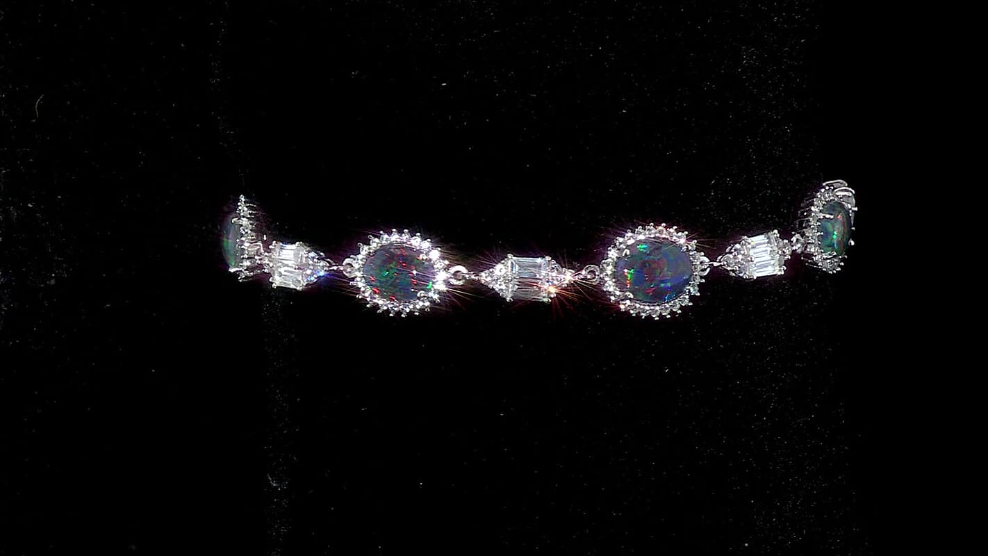 D'Joy Elysian Opal (Triplet) and White Zircon 8.00 ctw City Skylines Bracelet in Rhodium Over Sterling Silver (7.25 In)