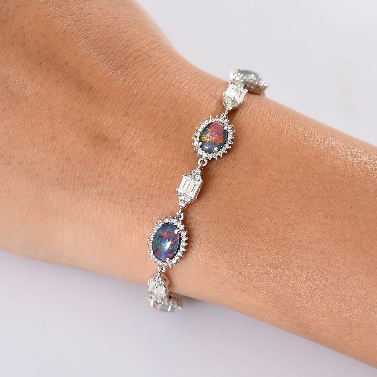 D'Joy Elysian Opal (Triplet) and White Zircon 8.00 ctw City Skylines Bracelet in Rhodium Over Sterling Silver (7.25 In) image number 2