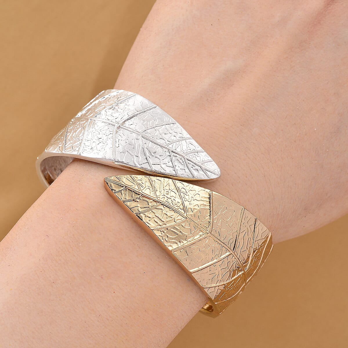 Leaf Bangle Bracelet in Silvertone and Goldtone (6.75 In) image number 1