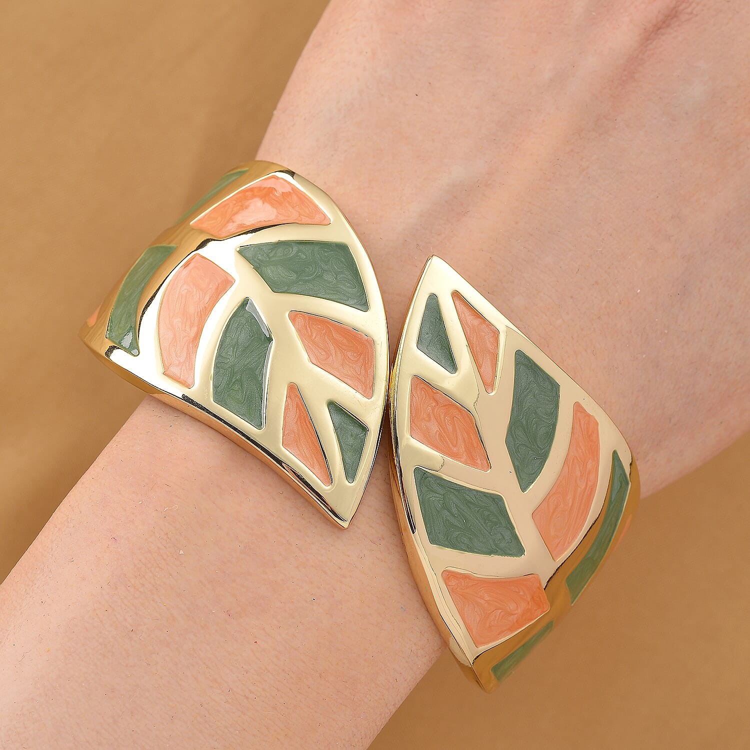 Multi Color Enameled Leaf Bangle Bracelet in Goldtone (7.25 In)