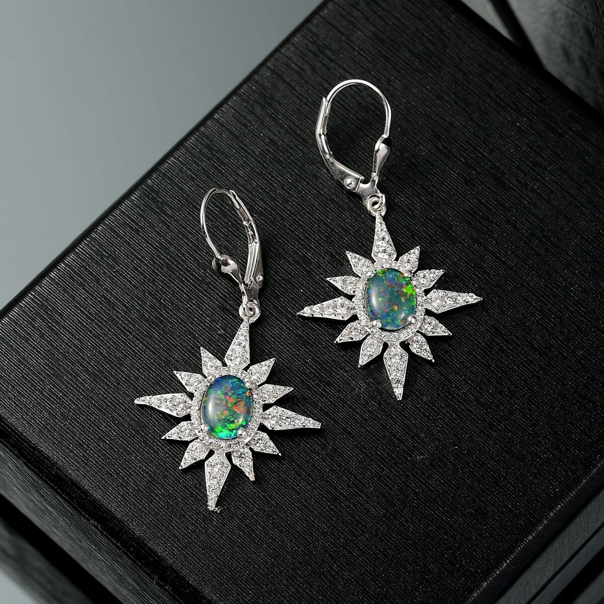 D'Joy Elysian Opal (Triplet) and White Zircon 2.90 ctw Urban Aurora City Lights Earrings in Rhodium Over Sterling Silver image number 1