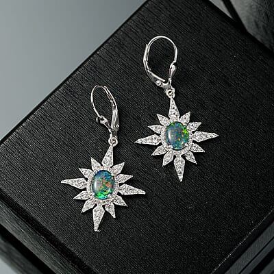 D'Joy Elysian Opal (Triplet) and White Zircon 2.90 ctw Urban Aurora City Lights Earrings in Rhodium Over Sterling Silver