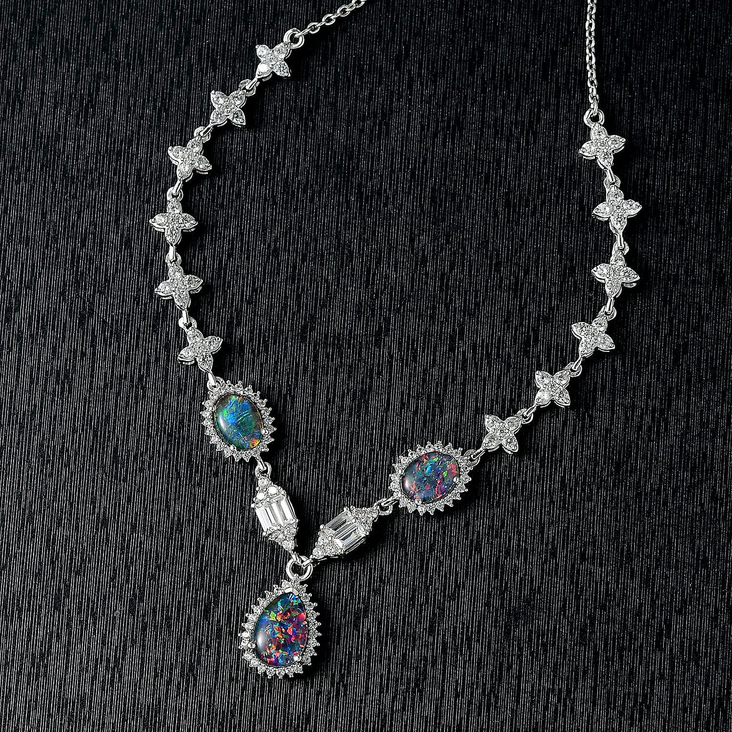 D'Joy Elysian Opal (Triplet) and White Zircon 6.75 ctw City Skylines Necklace in Rhodium Over Sterling Silver 18 Inches