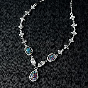 D'Joy Elysian Opal (Triplet) and White Zircon 6.75 ctw City Skylines Necklace in Rhodium Over Sterling Silver 18 Inches