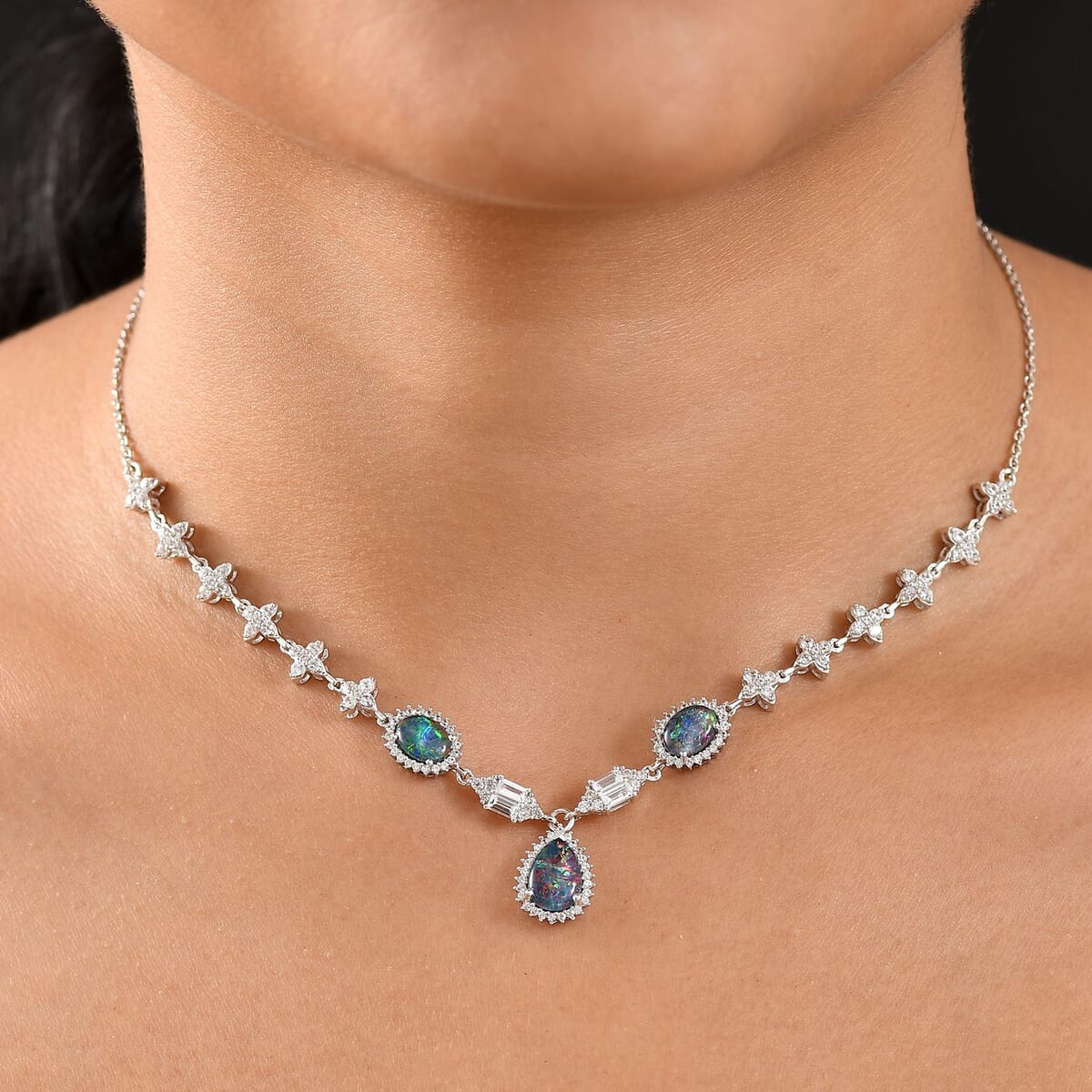 D'Joy Elysian Opal (Triplet) and White Zircon 6.75 ctw City Skylines Necklace in Rhodium Over Sterling Silver 18 Inches image number 2