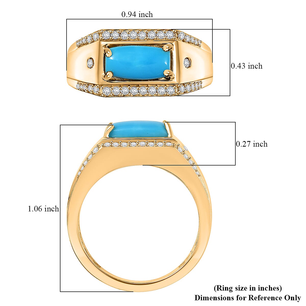 EverTrue Sleeping Beauty Turquoise and White Zircon 1.90 ctw Men's Ring in 18K YG Plated (Size 10.0)