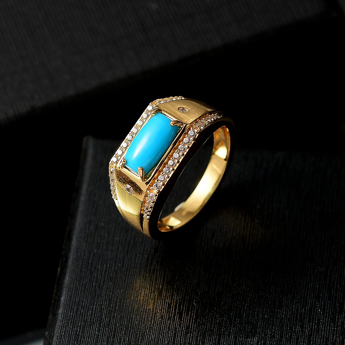 EverTrue Sleeping Beauty Turquoise and White Zircon 1.90 ctw Men's Ring in 18K YG Plated (Size 13.0) image number 1