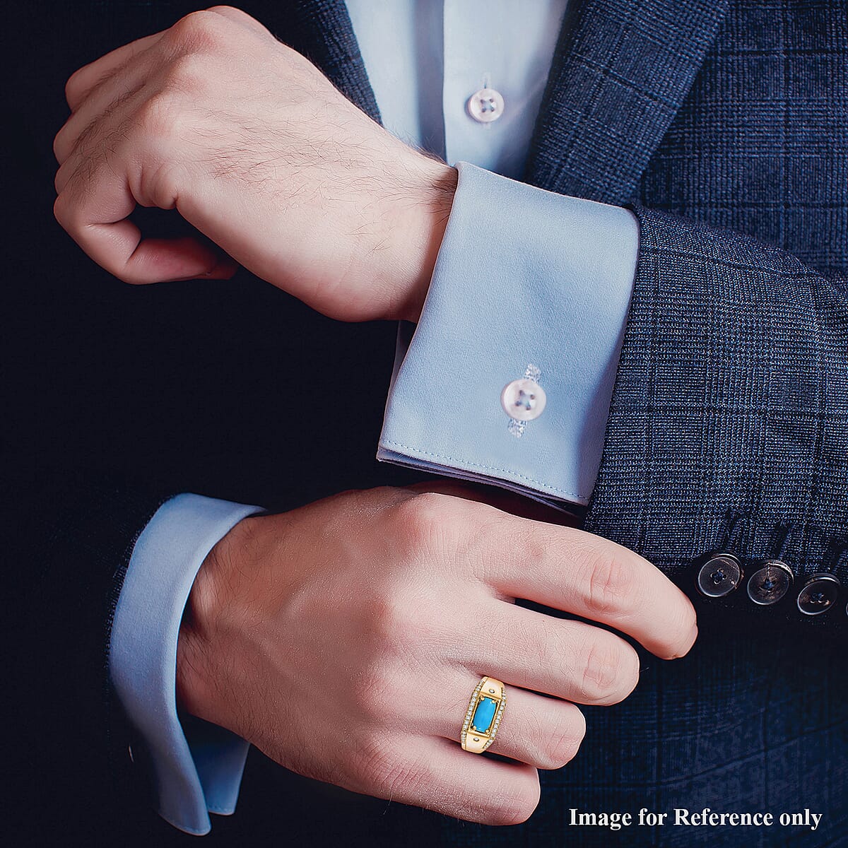 EverTrue Sleeping Beauty Turquoise and White Zircon 1.90 ctw Men's Ring in 18K YG Plated (Size 13.0) image number 2