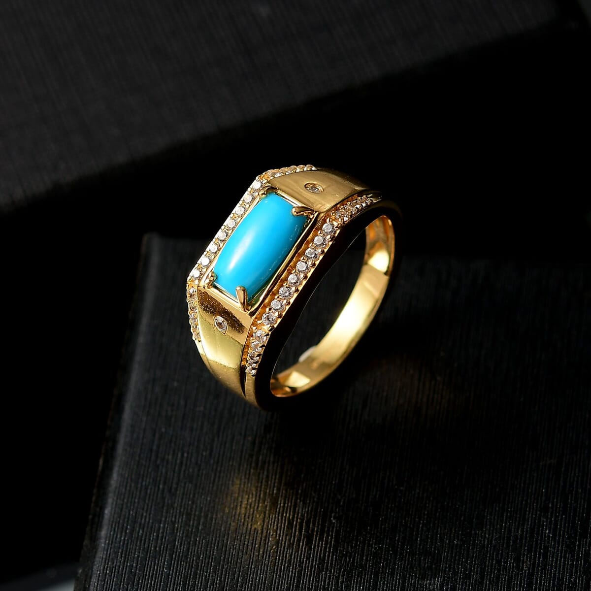 EverTrue Premium Sleeping Beauty Turquoise and White Zircon 1.90 ctw Men's Ring in 18K YG Plated (Size 9.0) image number 1
