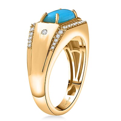 EverTrue Premium Sleeping Beauty Turquoise and White Zircon 1.90 ctw Men's Ring in 18K YG Plated (Size 9.0)