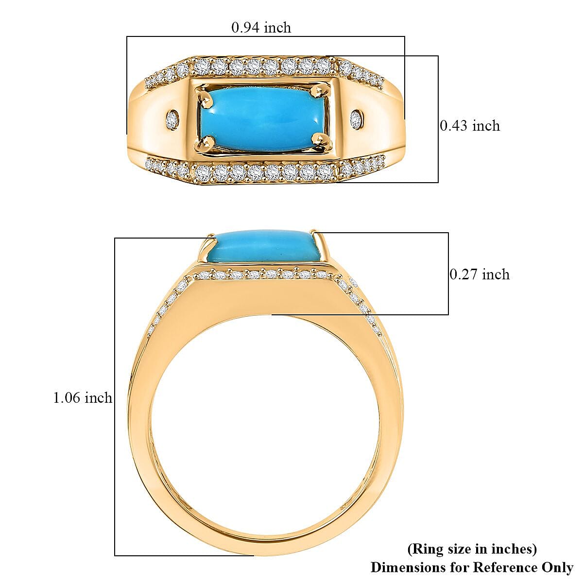 EverTrue Premium Sleeping Beauty Turquoise and White Zircon 1.90 ctw Men's Ring in 18K YG Plated (Size 9.0)