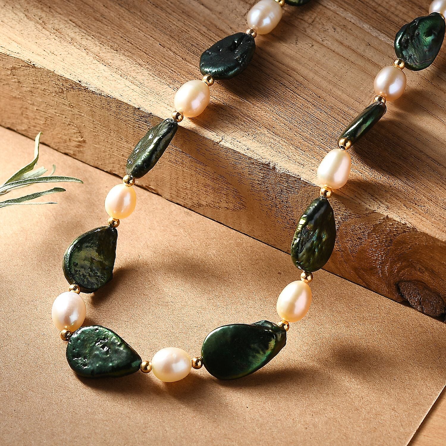 Green Pearl (D) and Freshwater Pearl Necklace in ION Plated YG Stainless Steel 18 Inches