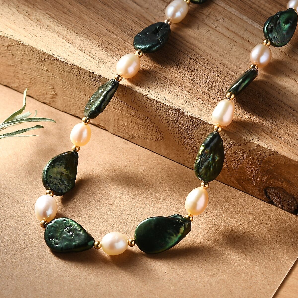 Green Pearl (D) and Freshwater Pearl Necklace in ION Plated YG Stainless Steel 18 Inches image number 1