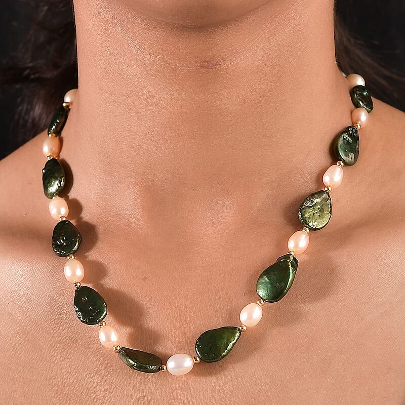 Green Pearl (D) and Freshwater Pearl Necklace in ION Plated YG Stainless Steel 18 Inches