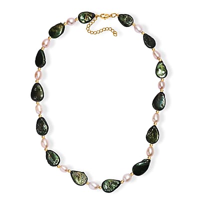 Green Pearl (D) and Freshwater Pearl Necklace in ION Plated YG Stainless Steel 18 Inches